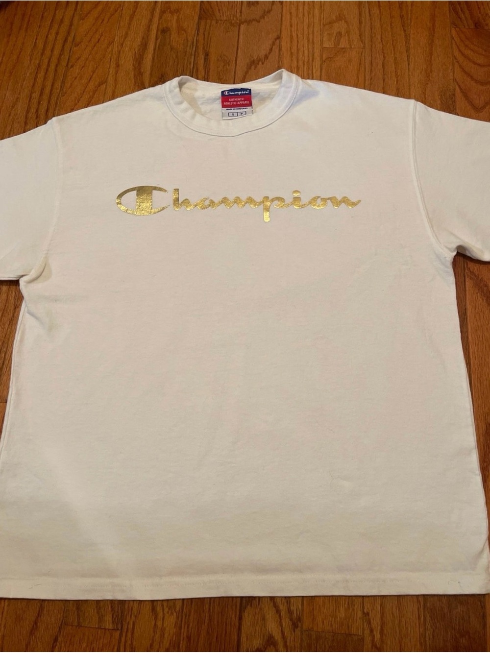 Champion White Short Sleeve Tee with Gold Logo Scripture Men’s Small